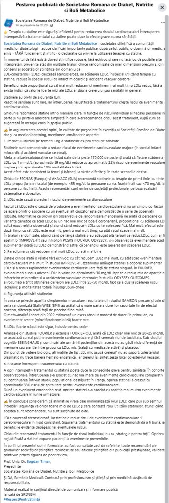 Captura de ecran cu postarea pe Facebook a Societatii Române de Diabet, Nutriție și Boli Metabolice