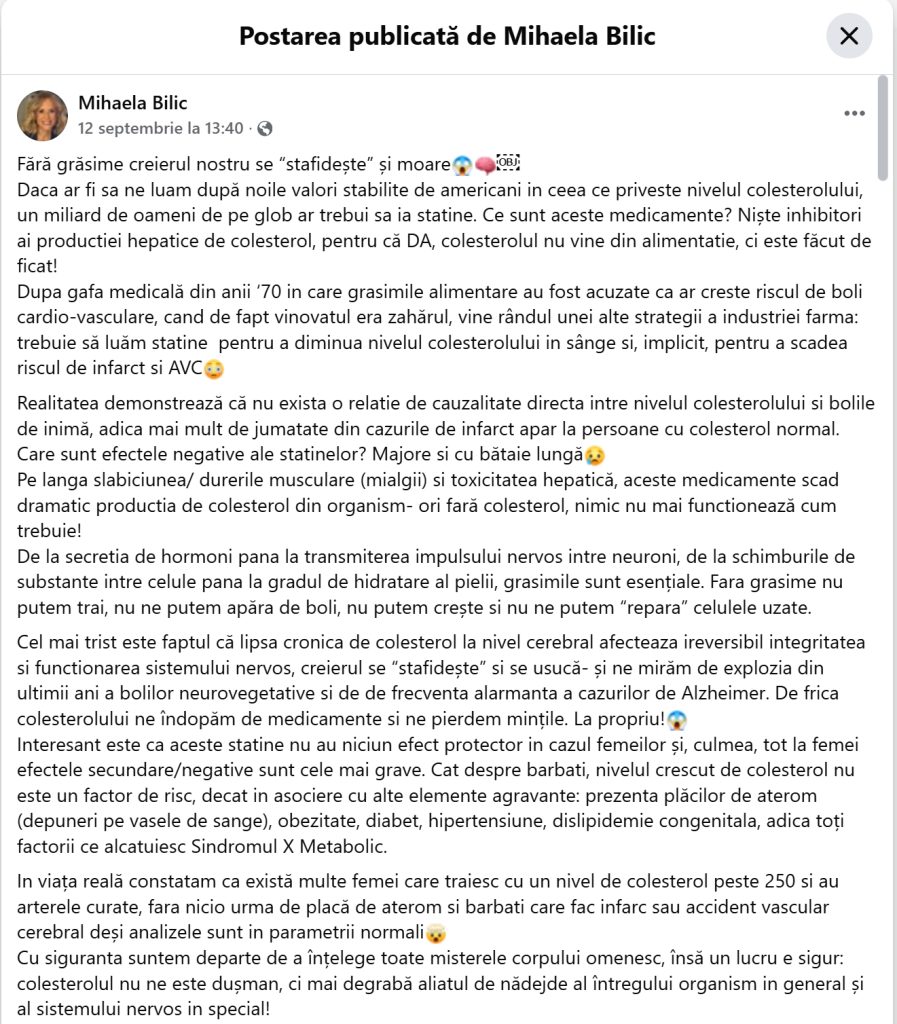 Captura de ecran postare facebook - Dr. Mihaela Bilic