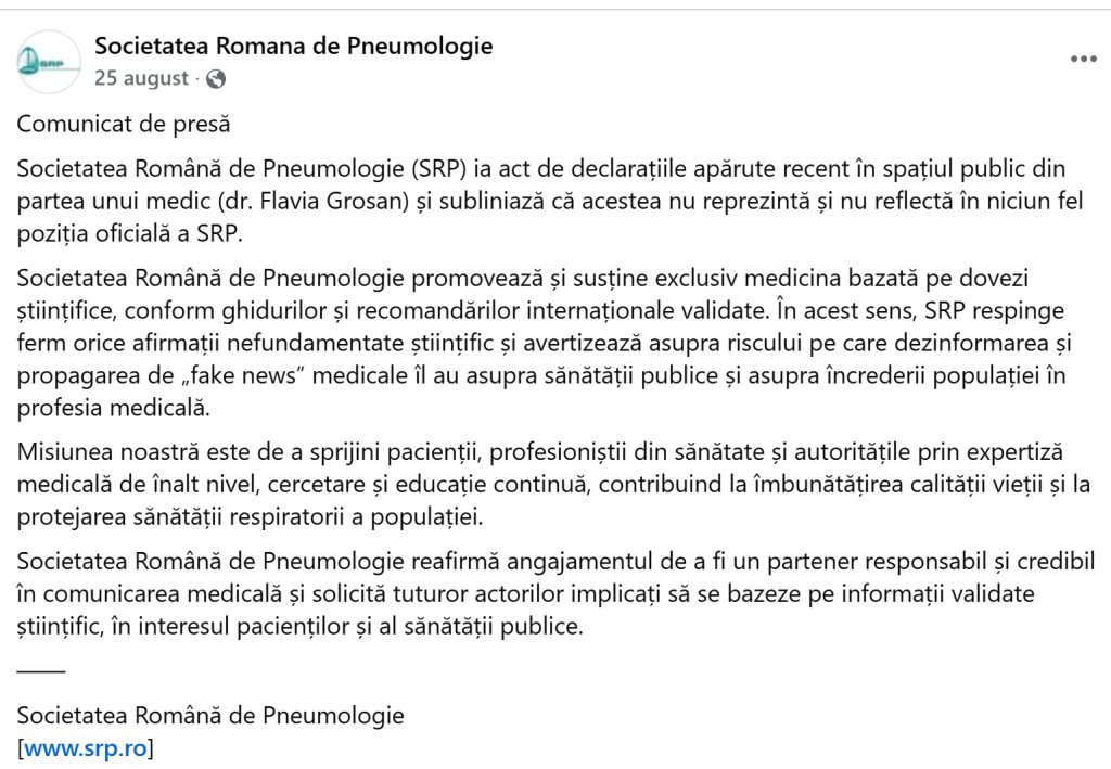 Captură ecran postare facebook-Societatea Română de Pneumologie